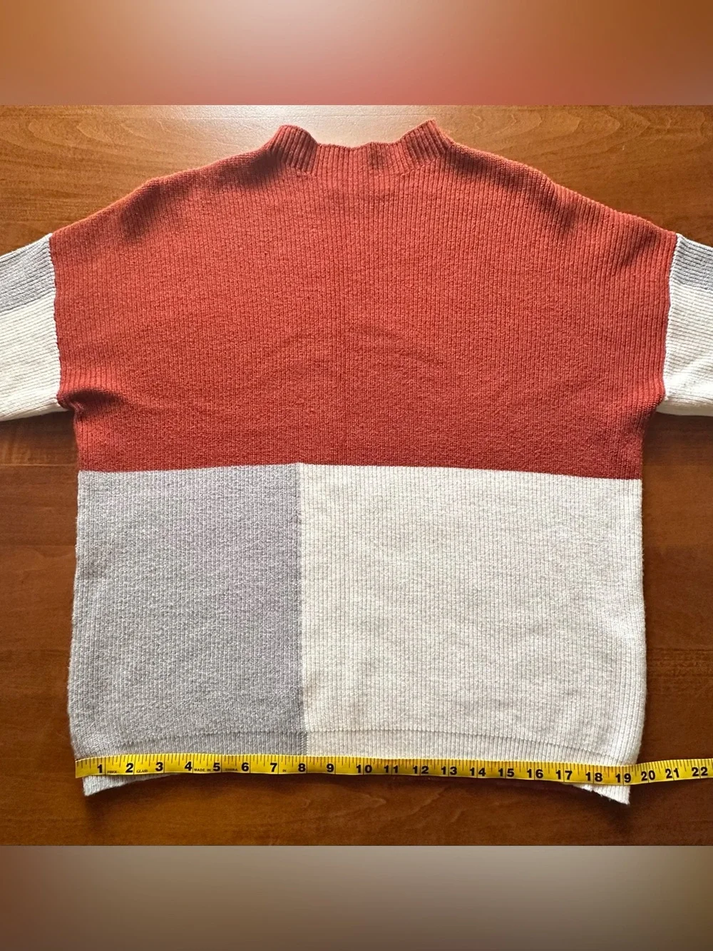 Roolee•colorblock mock-neck sweater•large•viscose blend•rust orange/cream/gray